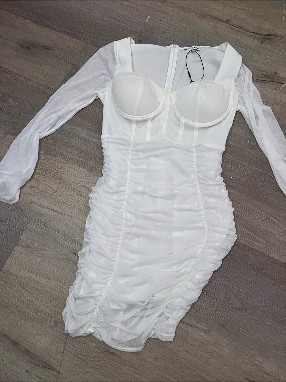 Fashion Nova White Long Sleeve Ruched Bustier Midi Dress